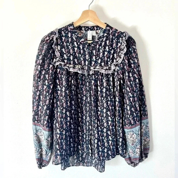 Joie Navy Blue Pattern Balloon Sleeve Cotton Peasant Top Size Medium NWOT - Picture 1 of 9